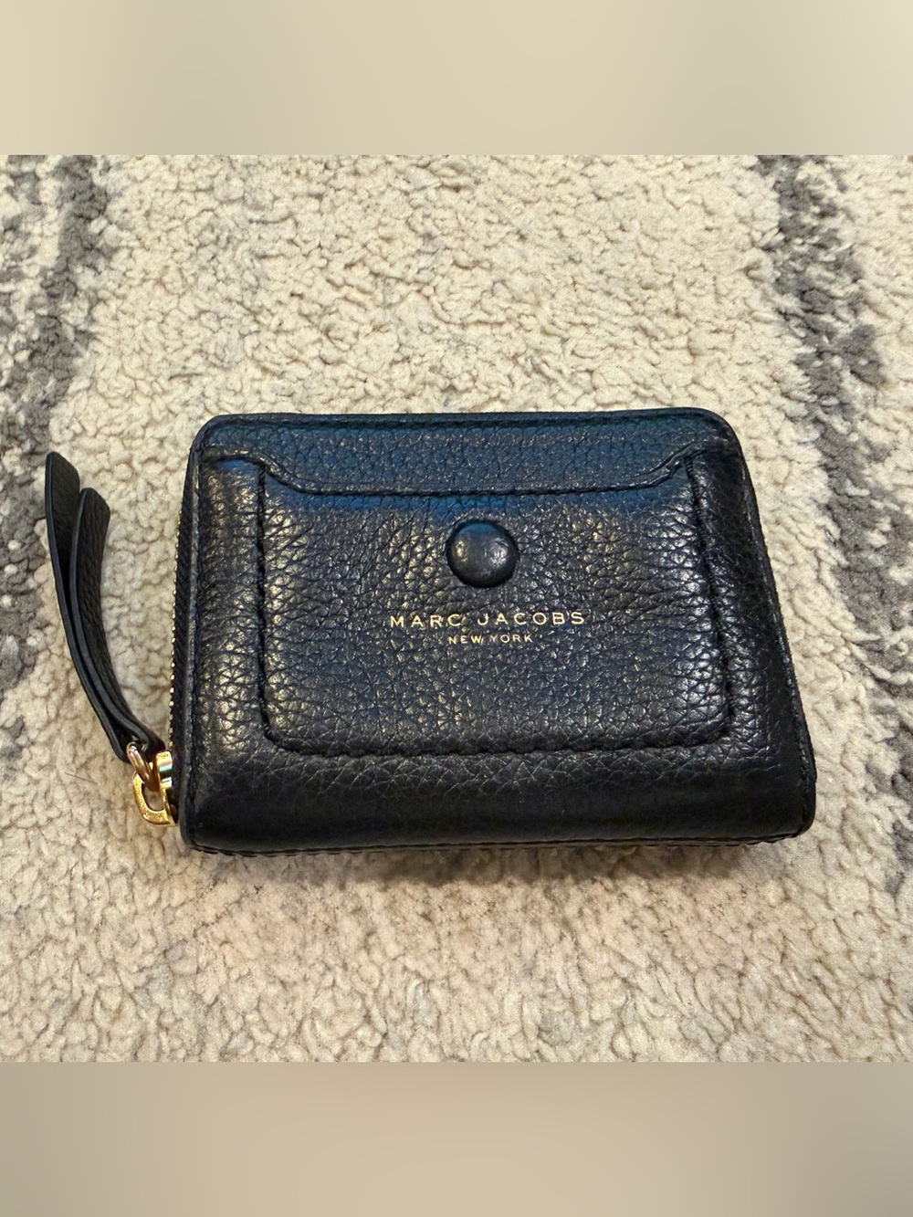 Marc Jacobs Black Pebbled Leather Zip Card Wallet with Snap Pocket